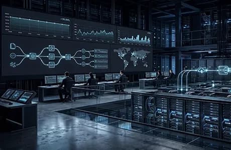 Visualization of cloud infrastructure, operations, monitoring, and scalable software architecture for companies