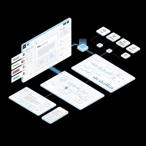 Isometric illustration of a content and business application with CMS, business logic, and connected digital modules