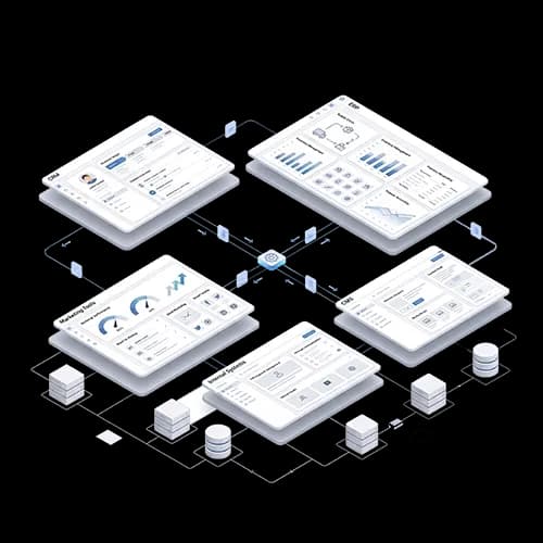 Isometric illustration of connected business systems with CRM, CMS, and API integrations for stable data flows