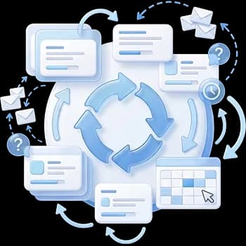 3D illustration of manual processes with tasks, approvals, email chains, and repetitive work steps