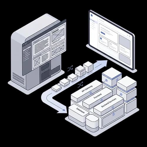 Isometric illustration of software modernization with migration path, modular architecture, and renewed system components