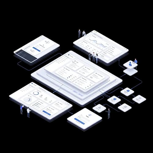 Isometric illustration of a digital platform with customer portal, self-service area, and connected user roles