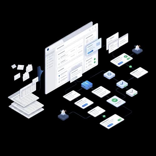 Isometric illustration of process automation with internal tools, digital workflows, and a central operations dashboard