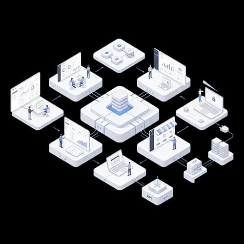 Isometric illustration of scalable web software with modular platform architecture, connected services, and digital applications