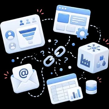 3D illustration of disconnected business systems with CRM, CMS, email, and spreadsheets without a clear data flow