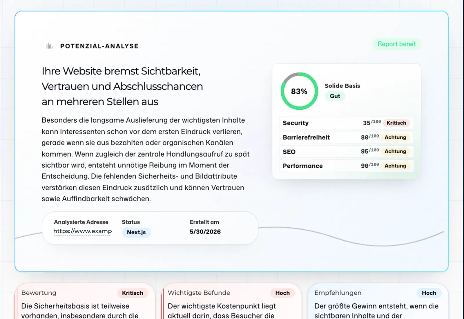 Vorschau des Website-Audit-Reports mit Gesamtbewertung, analysierter Website und Zusammenfassung der wichtigsten Potenziale